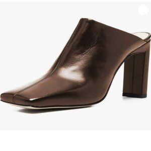 FSJ Women Closed Squared Toe Mules, Chunky Mid High Heels Backless Sandal Brown